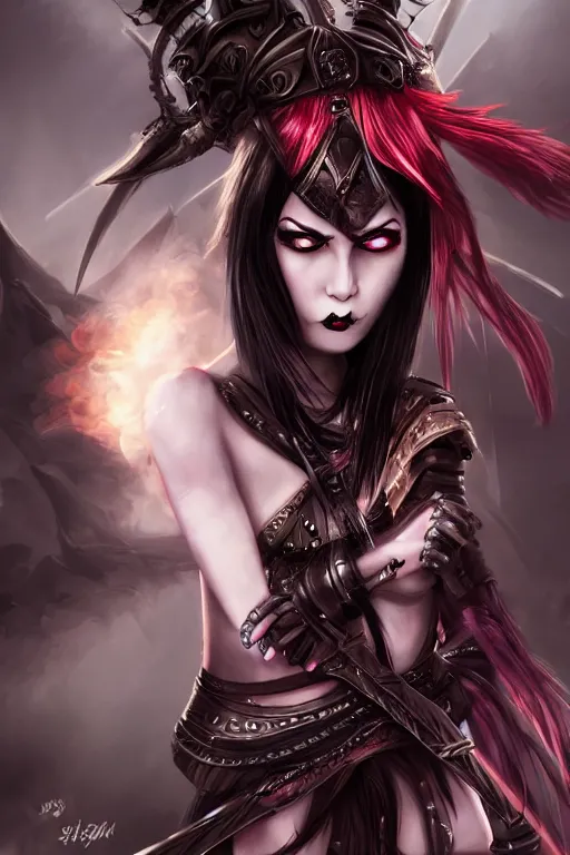 Image similar to demon girl warrior with swords, goth ninja, pretty face, ultra detailed, digital art, 8k ,character ,realistic, portrait, hyperrealistic