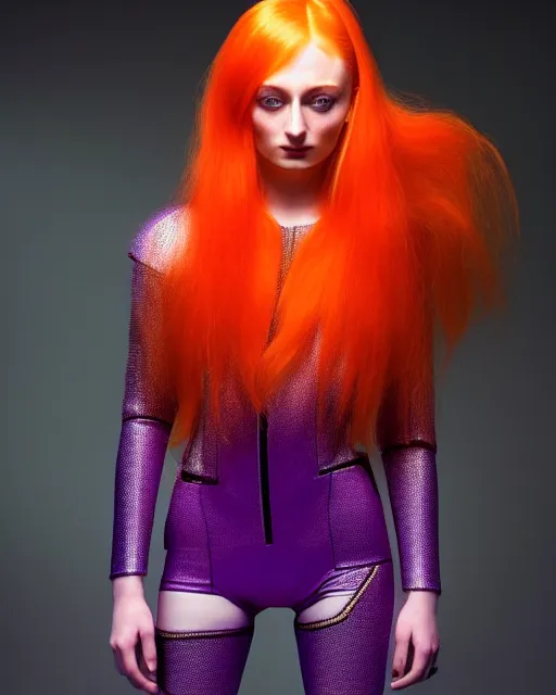 Image similar to full body shot of sophie turner dressed in orange purple futuristic cyberpunk clothing, soft diffused light, bjork aesthetic, translucent, by rineke dijkstra and artgerm, intricate details, highly detailed, masterpiece, 8 5 mm