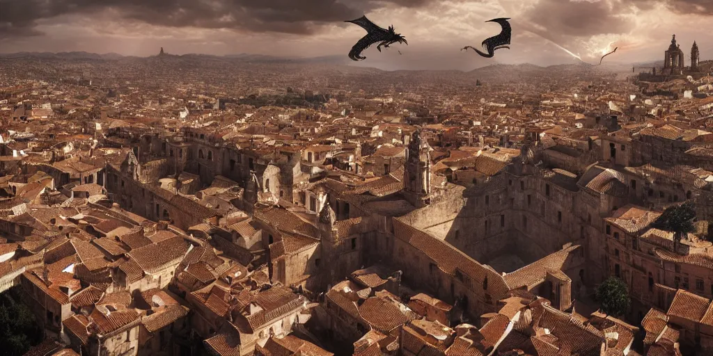 Image similar to the monumental city of caceres with a dragon flying over it, dramatic lighting, cinematic, extremly high detail, photorealistic, cinematic lighting, post processed, concept art, artstation, matte painting, style by greg rutkowsky