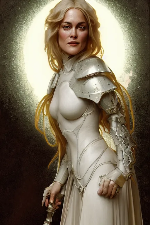 Image similar to beautiful and victorian and holy and divine and elite young medieval Sharon Stone in white armor knight portrait +shiny eyes+front face with light flowing hair, ultradetail face, art and illustration by tian zi and craig mullins and WLOP and alphonse mucha, fantasy, intricate complexity, human structure, human anatomy, fantasy character concept, watermark, blurry, hyperrealism 8k