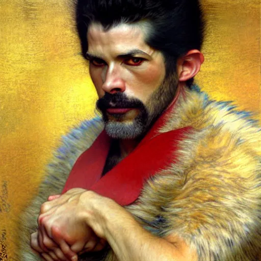 Image similar to a male ratwolfman rat wolf man in a red kimono furry arms furry body. furaffinity furry art detailed face painting by gaston bussiere craig mullins jc leyendecker gustav klimt artgerm greg rutkowski furry