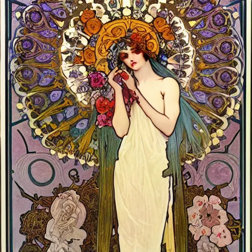 Image similar to persephone as goddess of death and flowers, evil, painted by alphonse mucha