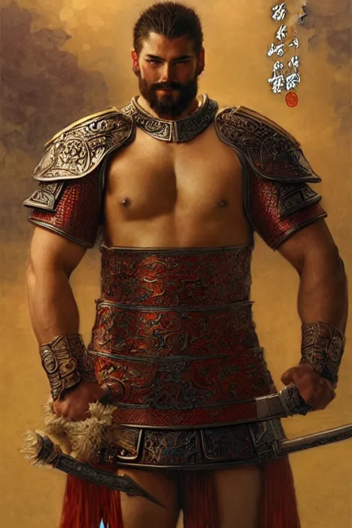 Image similar to attractive beefy male with armor, ancient china, three kingdoms, character design, painting by gaston bussiere, craig mullins, j. c. leyendecker, tom of finland