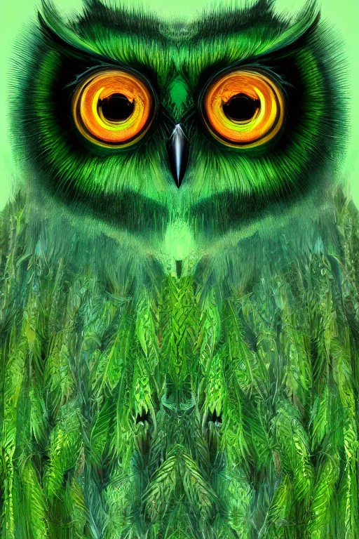 Prompt: a green moss owl, symmetrical, highly detailed, digital art, sharp focus, amber eyes, ferns, trending on art station