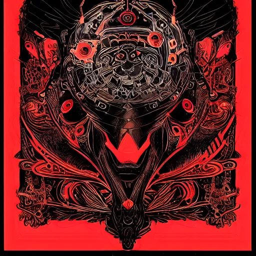 Prompt: black paper + elements + red + black + neon + baroque + rococo + ink + tarot card with ornate border frame + sebastien mitton, viktor antonov, sergey kolesov, detailed, intricate ink illustration + magic + glow + outline + laser + red + black + detailed robot falcon