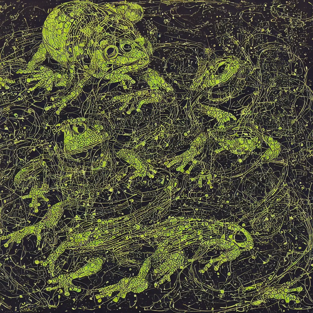 Image similar to toads, big toad, mechanical, technical, abstract, acrylic, oil, circuit board, lines, vektroid album cover, dots, drips, dimensions, tears, leaks, glitches, frogs, amphibians, geometry, data, datamosh, motherboard, minimal, vinyl, code, cybernetic, painting, dark, eerie, cyber