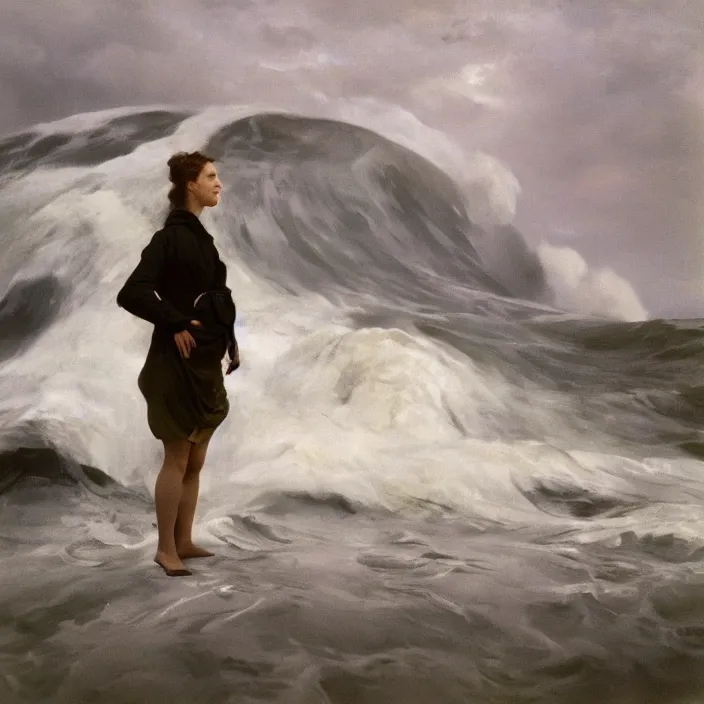 Image similar to a closeup portrait of a woman wearing wrapped in plastic, standing in front of a giant tsunami wave, color photograph, by john singer sargent, canon eos c 3 0 0, ƒ 1. 8, 3 5 mm, 8 k, medium - format print