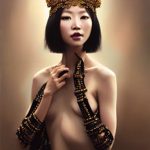 Prompt: expressive oil painting, of alluring taiwanese princess, shy seductive look, smooth glowing skin, glistening body, love, adoration, ornate headpiece of black beads, tattoo, glamour shot, by yoshitaka amano, by greg rutkowski, by jeremyg lipkinng, by artgerm, digital art, octane render, white dress