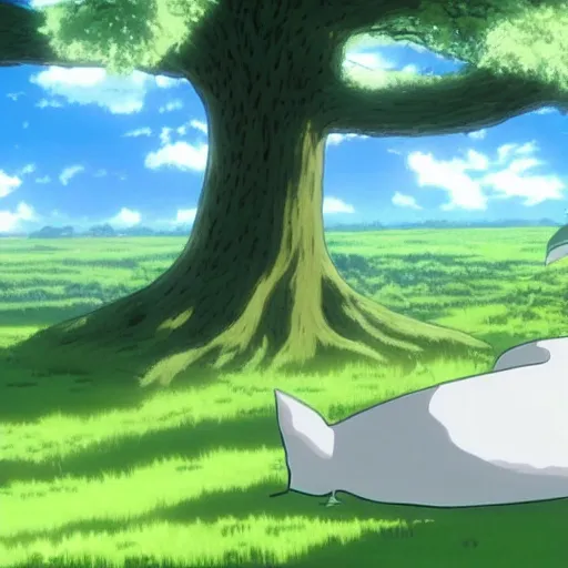 Image similar to big white whale flying near giant tree in the green field, anime, HD,