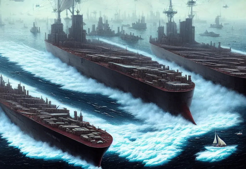 Prompt: one enormous gigantic steel ship - shaped fortress - city sailing across an icy cold ocean. masterpiece, cinematic, hyperdetailed, photorealistic, hyperrealism, octane rendering, depth of field, bokeh, architecture, shadows, aerial view, art by tom bagshaw, geof darrow, james gurney, filip hodas