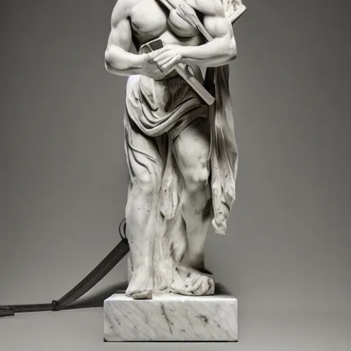 Prompt: a greek marble statue holding an assault rifle, museum background, studio lighting, bokeh, 4K