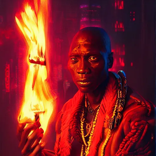 Image similar to shaka zulu as a cybperpunk gangster, eating fire in the neon ghetto, by greg rutkowski and android jones in a surreal portrait style, cyberpunk, oil on canvas, 8k