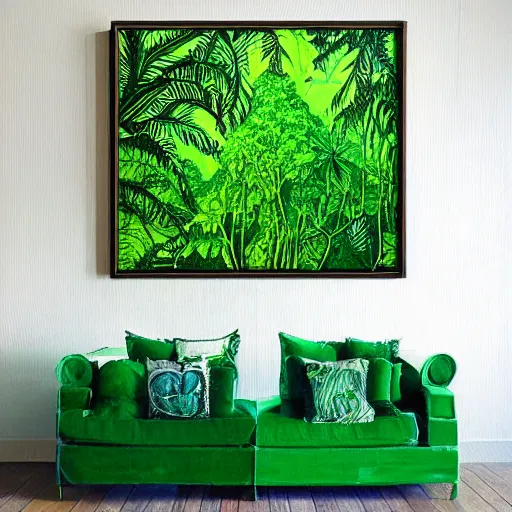 Prompt: rainforest scene, jelly green artist, vibrant green, hyperrealistic detailed acrylic paint, borneo