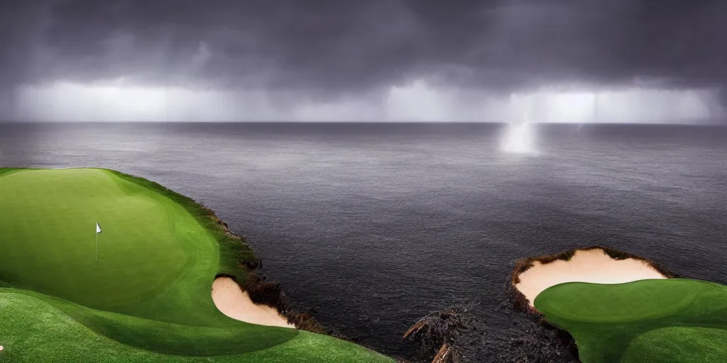 Image similar to a great photograph of the most amazing golf hole in the world, surrounded by water, giant ship wreck, lightning storm, ambient light, golf digest, top 1 0 0, fog