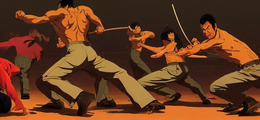 Image similar to a yakuza gang fistfight, digital painting masterpiece, by ilya kuvshinov, by frank frazetta, by mœbius, by reiq, by hayao miyazaki, intricate detail, beautiful brush strokes, advanced lighting technology, 4 k wallpaper, interesting character design, stylized yet realistic anatomy and faces, inspired by kill bill animated scene