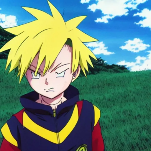 Image similar to “Anime key visual of a young innocent boy with yellow hair and lightning powers in a meadow, detail, 8k, anime, detailed eyes, official media, big eyes, short body, Illustrated by Akira Toriyama, Illustrated by Kohei Horikoshi, official media”