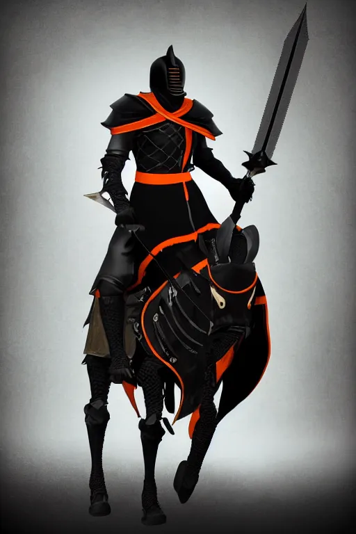 Image similar to a digital photograph of one african american knight in heavy black parmor with thin dull orange trim, wearing a black elegant cape flowing in the wind, the knight holds a black sword in one hand, riding a black horse with mechanized spiked armor, extremely detailed, extremely realistic, no bodily flaws, unreal engine, concept art, 8 k