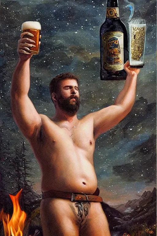 Prompt: a dramatic, epic, ethereal painting of a handsome thicc shirtless cowboy with a beer belly wearing a large belt and bandana | background is a late night campfire with food and jugs of whisky | homoerotic | fire, flames, stars, tarot card, art deco, art nouveau, mosaic, intricate | by bill ward | trending on artstation