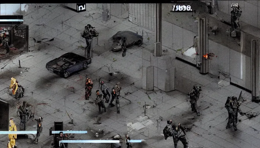 Prompt: 1988 Video Game Screenshot, Anime Neo-tokyo Cyborg bank robbers vs police, Set inside of the Bank Lobby, Multiplayer set-piece in bank lobby, Tactical Squad :9, Police officers under heavy fire, Police Calling for back up, Bullet Holes and Realistic Blood Splatter, :6 Gas Grenades, Riot Shields, Large Caliber Sniper Fire, Chaos, Anime Cyberpunk, Anime Bullet VFX, Anime Machine Gun Fire, Violent Action, Sakuga Gunplay, Shootout, :7 Inspired by Escape From Tarkov + Intruder + Akira + Guilty Gear Xrd :15 by Katsuhiro Otomo: 19