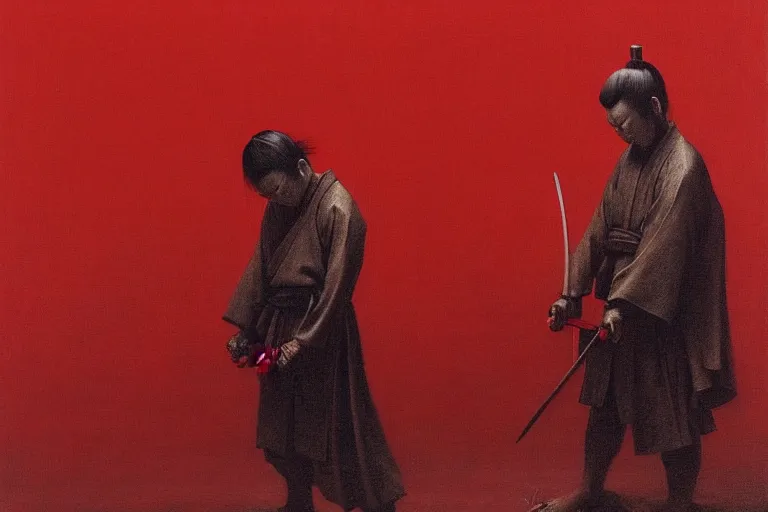 Image similar to only with red, a red samurai do seppuku, tokio, a lot of frogs watch, in the style of beksinski, parts by edward hopper, parts by rodcenko, parts by yue minjun, intricate and epic composition, red by caravaggio, insanely quality, highly detailed, masterpiece, red light, artstation, 4 k