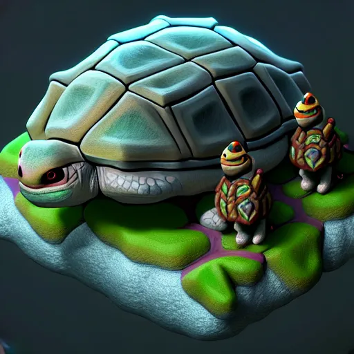 Prompt: Isometric 3D Fantasy turtle, Smoth 3D Illustration, Cinematic Matte Painting, soft render, Servando Lupini, handpaint texture, Blender, 3DCoat