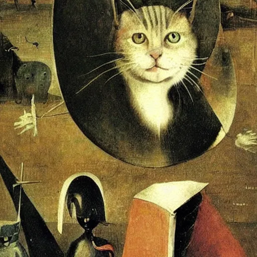 Prompt: stunning portrait of the cat of cheshire faithful to lewis carol's book description by hieronymus bosch