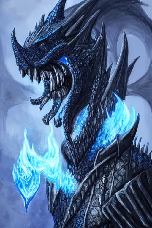 Image similar to a D&D character of a dark blue dragonborn with large tusks, half of his face flaming with blue flame, he wears a black dragon scales armor, D&D art