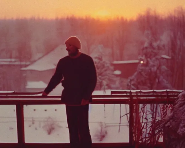 Image similar to lomographic tarkovsky film still of 4 0 years russian man with beard and sweater standing on small hrushevka 9 th floor balcony full with cigarette smoke in winter taiga looking at sunset, cinestill, bokeh