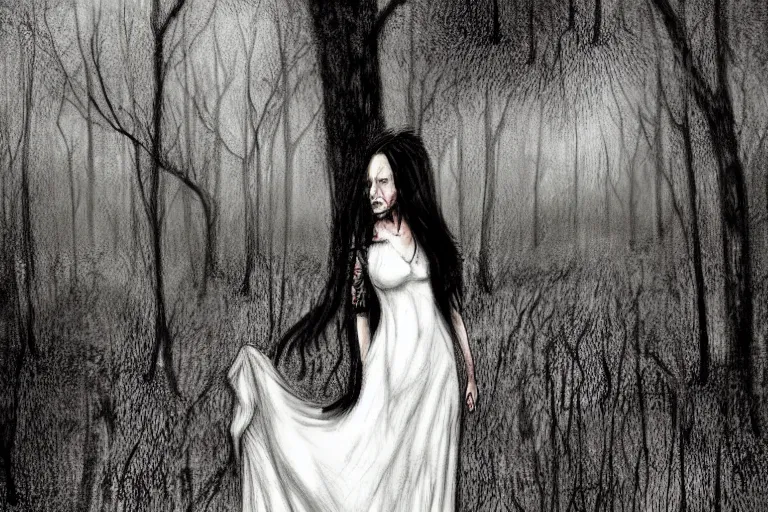 Image similar to mad girl in white dress wandering the woods artwork by ben templesmith