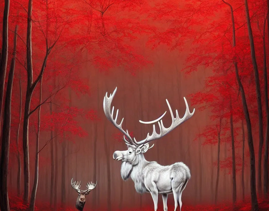 Image similar to a beautiful and very detailed painting of great ethereal moose in the bright red maple forest with a silver antlers, dynamic lighting, trending on artstation, path traced, highly detailed, high quality, digital art, hyper realistic, octane render, sharp focus, art by artgerm and greg rutkowski and alphonse mucha, 8 k