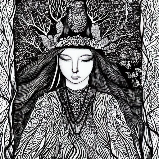 Prompt: goddess of the forest, ink drawing, black ink illustration, by a very talented artist, award winning, intricate detail, mysterious