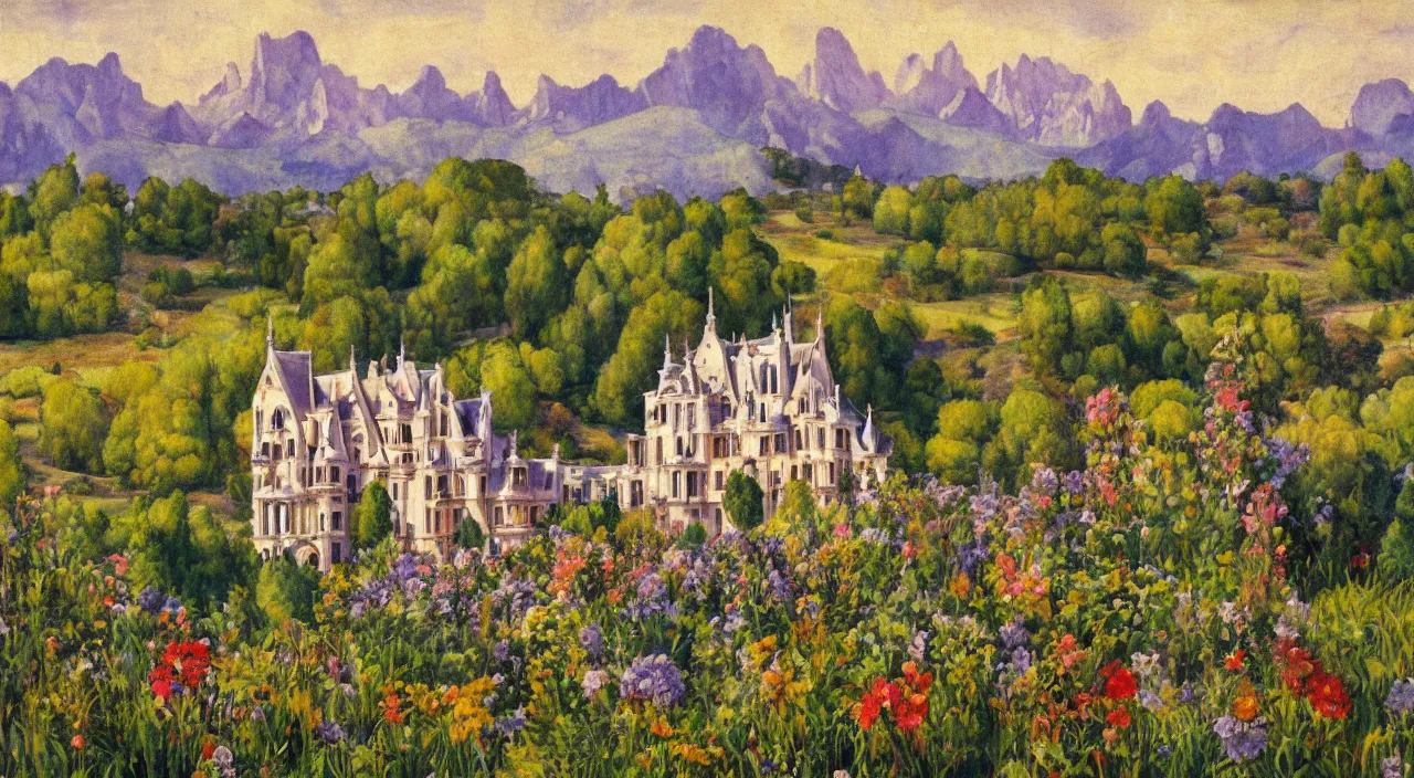 Prompt: a landscape painting of a manor designed by Antoni Gaudí, with flower fields as foreground, with mountains as background