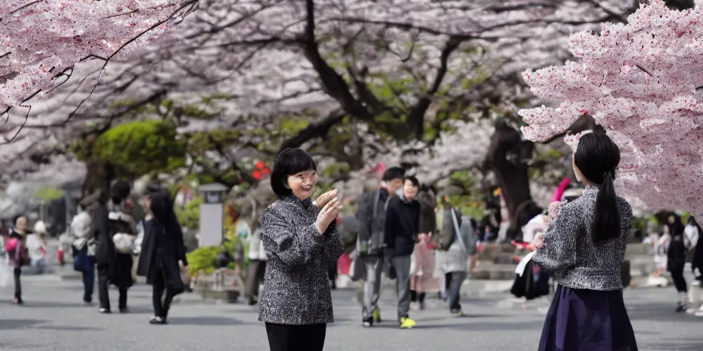 Prompt: tsai ing - wen looks at cherry blossoms in tokyo