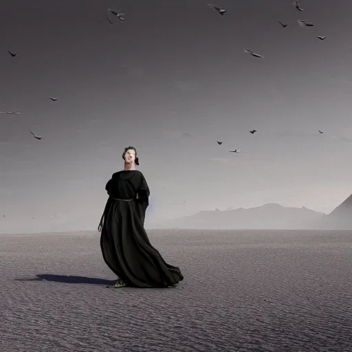 Image similar to a girl with long white long dress walking in black sand desert crows around her by egon schiele and michael angelo, baroque, neo Gothic,matte painting, baroque detailes,photo real,concept art,highly detailed,sharp lines, hdri, 4k