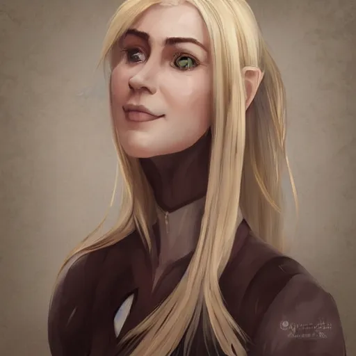 Prompt: portrait, 3 0 years old women : : fantasy : : short neck, long straight blonde hair, beeing happy, smiling, pointy ears : : attractive, symmetric face : : brown medieval cloting, natural materials : : high detail, digital art, rpg, concept art, illustration