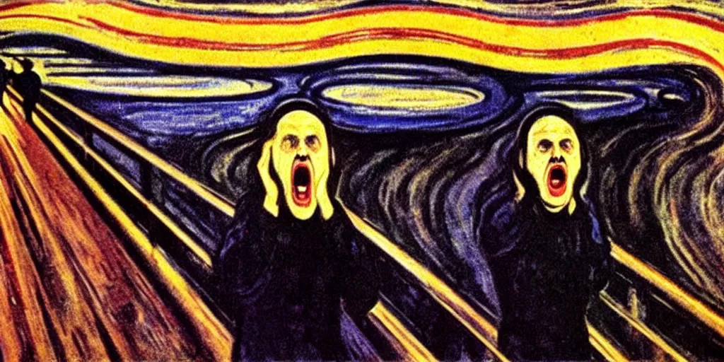 Prompt: killing biblical Matthew with a scream in a distorted environment, expressionist, art by Edvard Munch