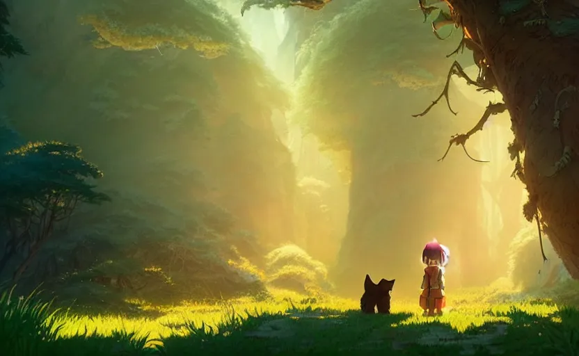 Prompt: a bounty hunter and her cat companion their woodland home in a fantasy studio ghibli animated film, d & d, fantasy concept art, global illumination, beautiful composition, volumetric lighting, octane render by studio ghibli and christopher balaskas, highly detailed