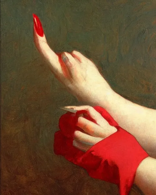 Image similar to by 1 9 th century famous painter, hands, nail polish, with fire, realism, realistic, oil painting, red wallpaper background