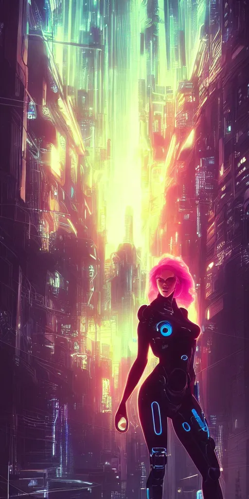 Image similar to beautiful, young woman, cybernetic, cyberpunk, wires, cables, halo, glow, bladerunner city in the background, detailed gorgeous face, flowing hair, vaporwave aesthetic, synthwave , digital painting, artstation, concept art, smooth, sharp focus, illustration, art by artgerm and greg rutkowski and alphonse mucha
