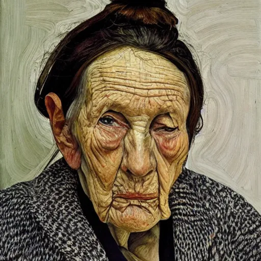 Image similar to Oil painting Portrait of a sad old Woman, by Lucian Freud, Abstract brush strokes, Masterpiece