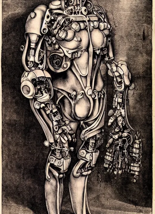 Image similar to cyborg cybernetic exoskeleton by Albrecht Dürer