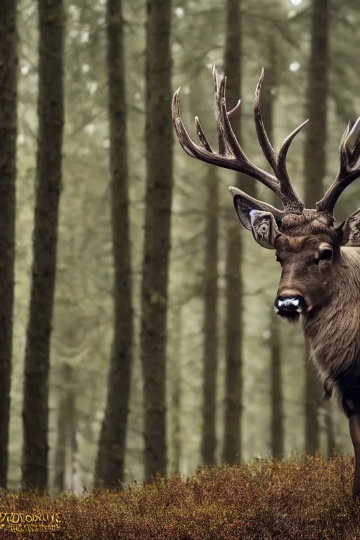Prompt: beautiful photo of a stag with large antlers in a pine forest in the early ours of the morning with morning fog and dew on the grass. daylight. nature. photography. national geographic. detailed face and fur, ultra hd, hasselblad. nikon z 9. 1 0 0 mm. f / 2. 5