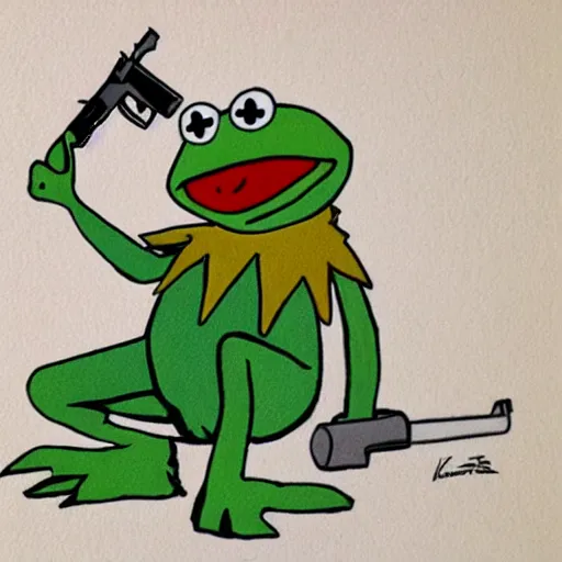 Image similar to kermit the frog with a gun in his hand