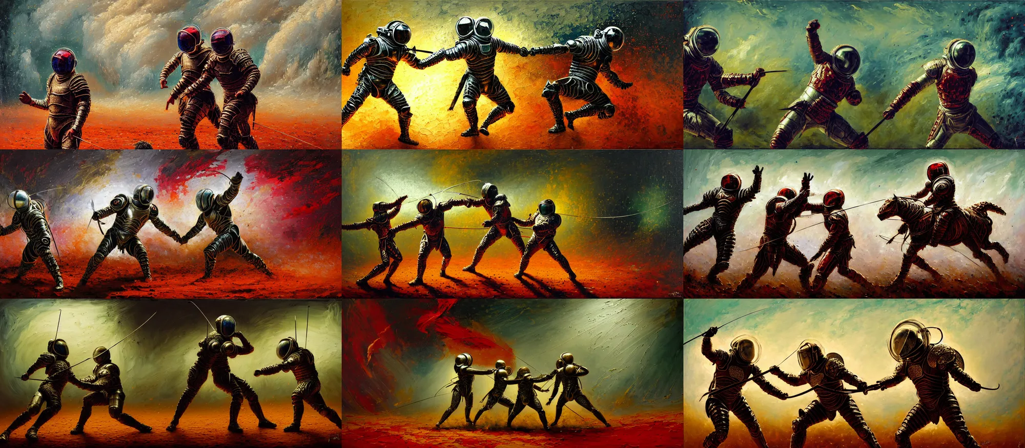 Prompt: battle scene, gladiator - astronaut, fencing, fractal armor, girih, bargello, luminist, tonalism, dramatic lighting, action scene, palette knife, frenetic brushwork, chiaroscuro, figurative art, detailed, proportions, spatter, dust, atmospheric, volumetric lighting, venetian red, raw sienna, sage green