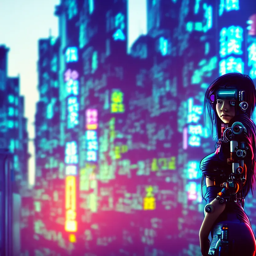 Image similar to a photo close up cyberpunk cyborg girl stands in a cyberpunk hiroshima, prefecture streets, sunset, photorealistic, cinematic lighting, very detailed, style by tomino - sama