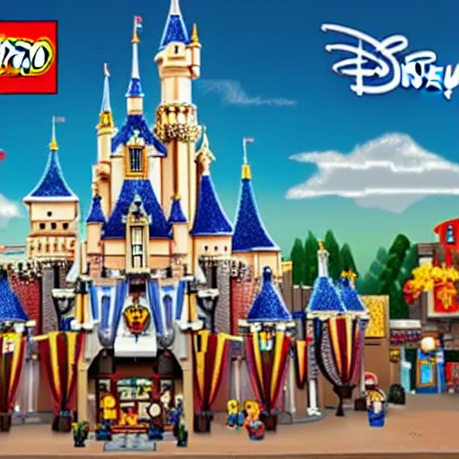 Image similar to Box art for a LEGO set of the entire Disneyland park