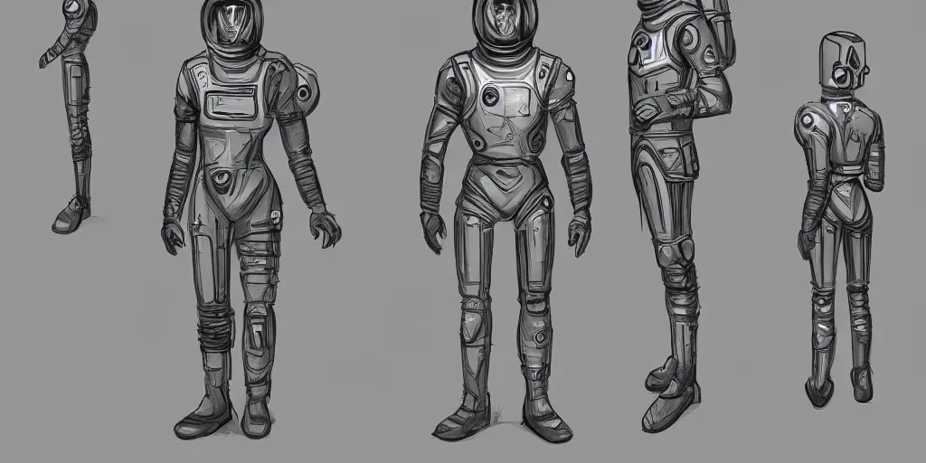 Prompt: male, fully body, elongated figure, science fiction space suit with a helmet, large shoulders, short torso, long thin legs, tiny feet, character sheet, digital sketch, hyperdetailed, dieselpunk, super stylized character design, concept design