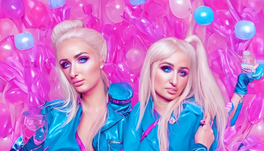 Prompt: Kim Petras and Paris Hilton pink bubblegum pop album cover, hyperdetailed, artstation, cgsociety, deviantart 8k