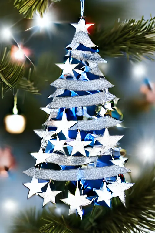 Image similar to flat sticker scandi christmas tree with kitsch glitzy baubles and stars and christmas robin bird decorations, silver sapphire blue white mood, smooth sharp focus