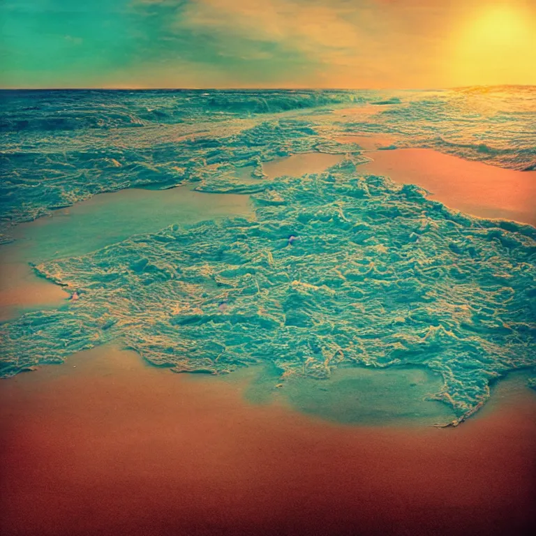 Image similar to hellscape of the beach album cover, modern, film, soft lighting gradient. no text, no watermarks.